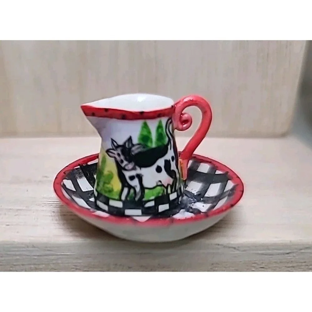 Vintage Miniature Cow Pitcher & Bowl Farmhouse Black White Checkered